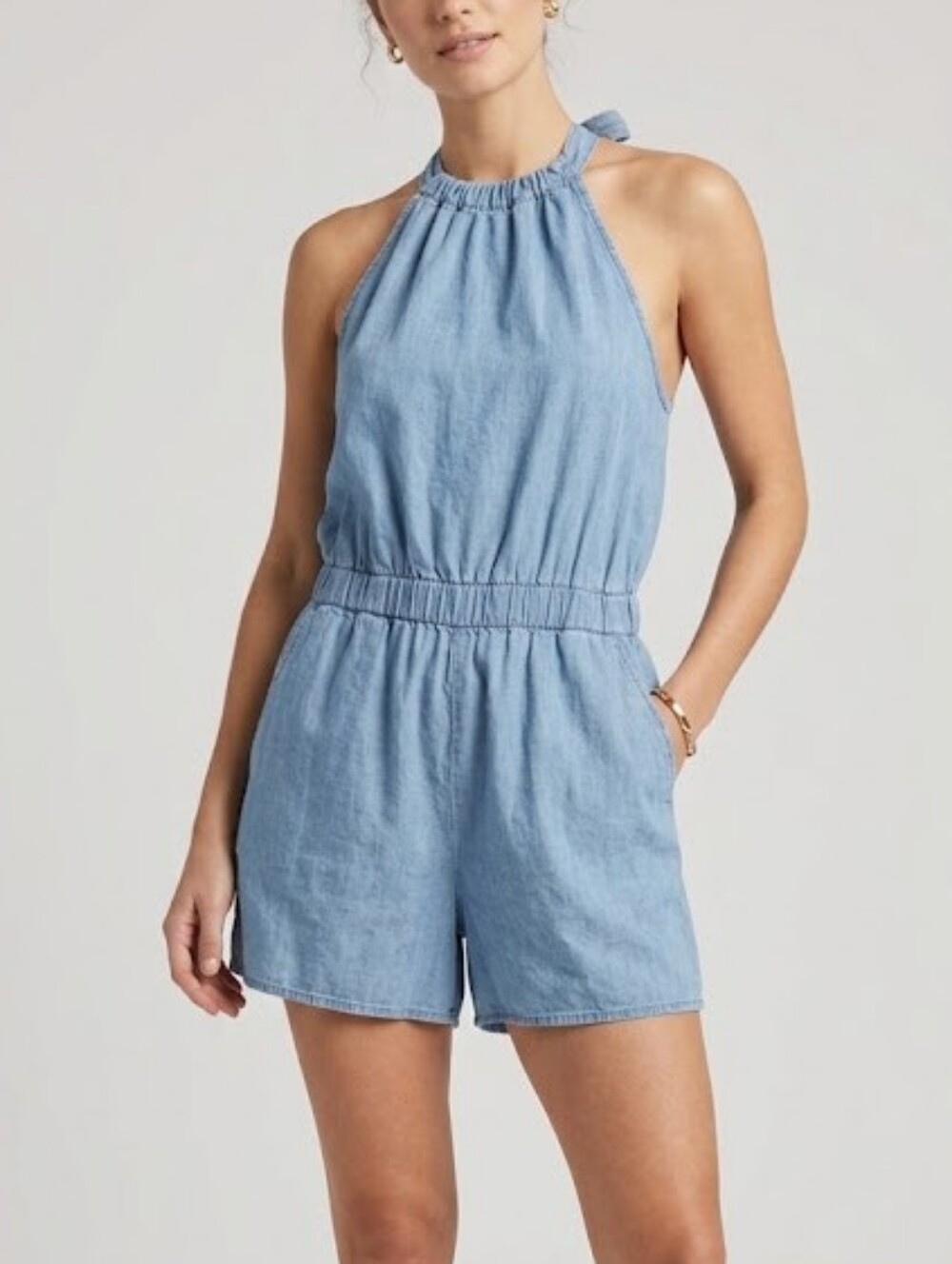 NWT Reitmans Light Blue Denim Chambray Halter Romper Jumpsuit Size XL Sunsuit